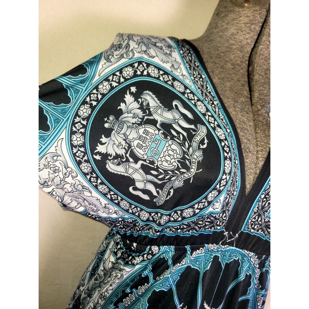 Vintage 90s Y2K Body Central Boho Sleaze V-neck Dress Baroque Teal Motif S/M - Picture 2 of 11